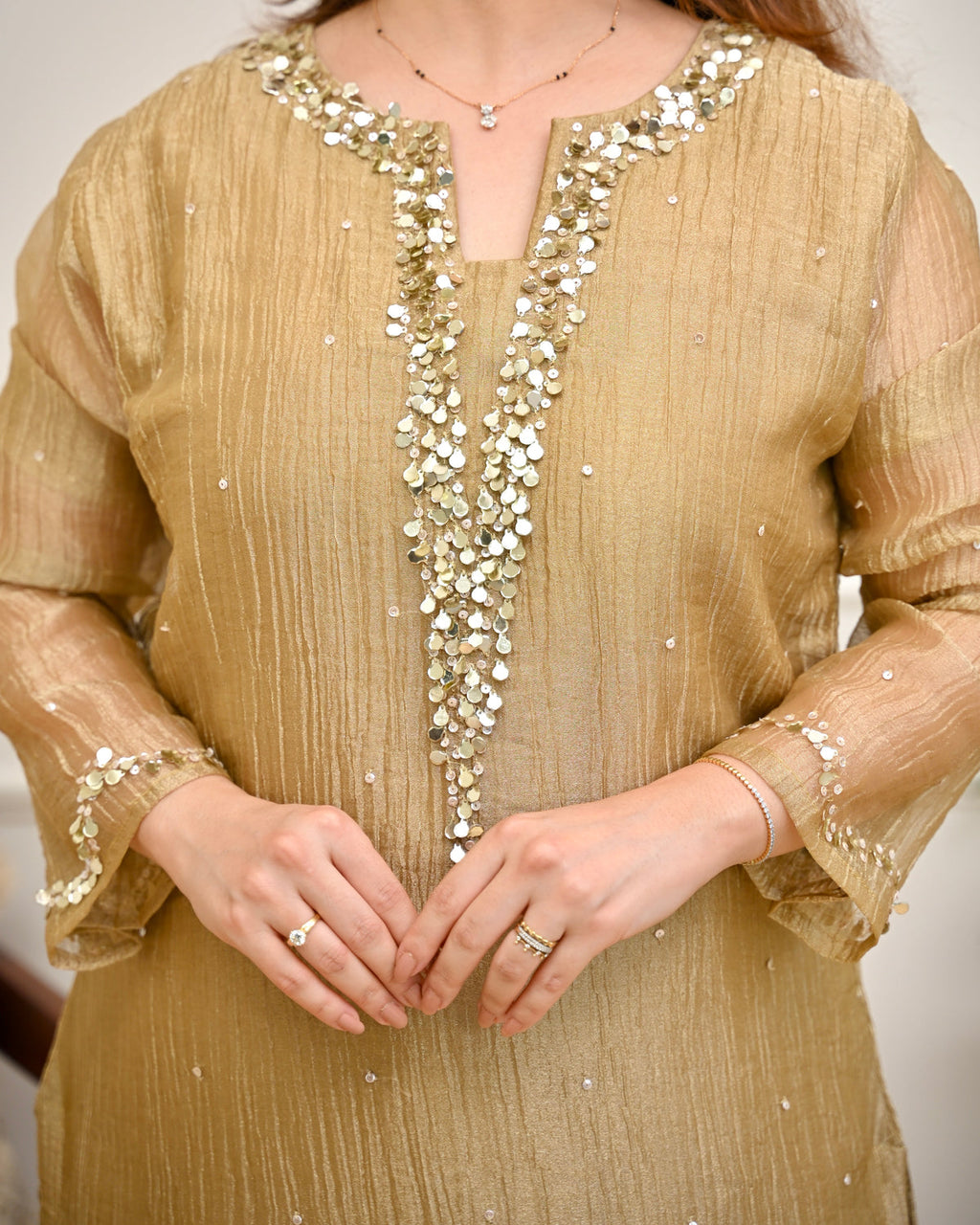 Gold Banarasi Crush Tissue Handwork Suit