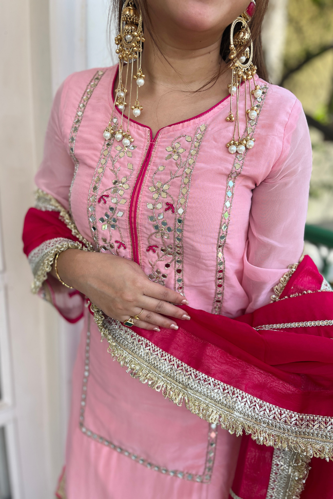 Beautiful Pink Mirror Work Sharara Suit Set