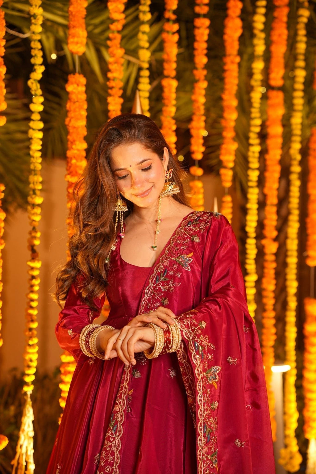 Traditional Chanderi Silk Embroidered Anarkali Suit Set