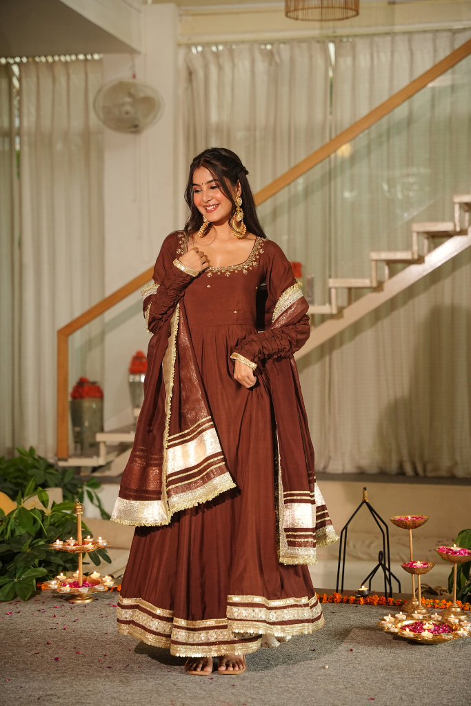 Beautiful Brown Lace Work Anarkali Suit Set