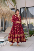 Beautiful Jacquard Maroon Anarkali Suit Set