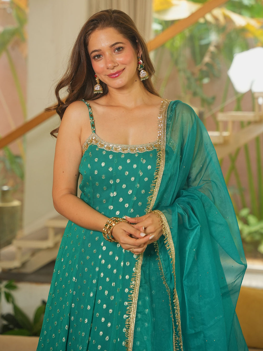 Teal Green Embroidered Anarkali Suit Set