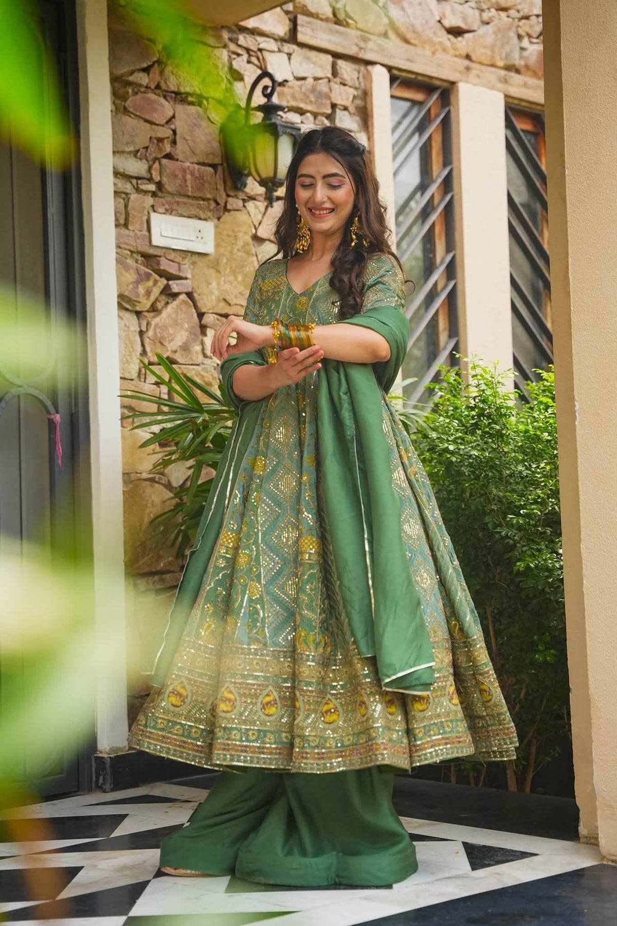 Green Heavy Embroidered Anarkali Suit Set