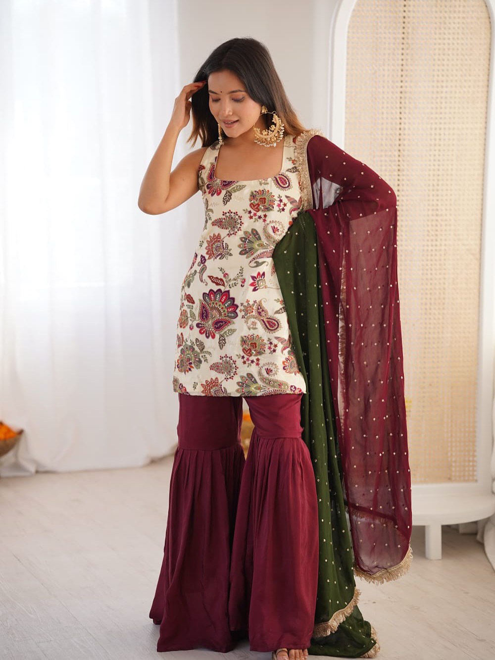 Floral Printed Sharara Set with Maroon Gharara & Net Dupatta