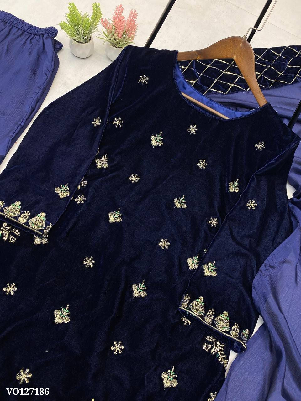 Surmai Velvet  Embroidered Sequence Kurta Sharara Set