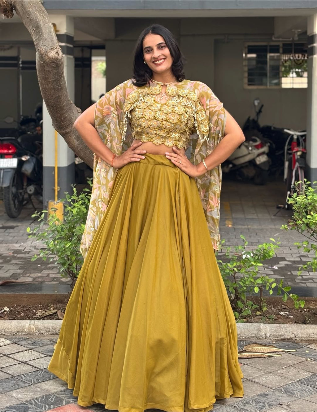 Mustard Yellow Floral Lehenga Set with Embroidered Blouse & Cape Dupatta