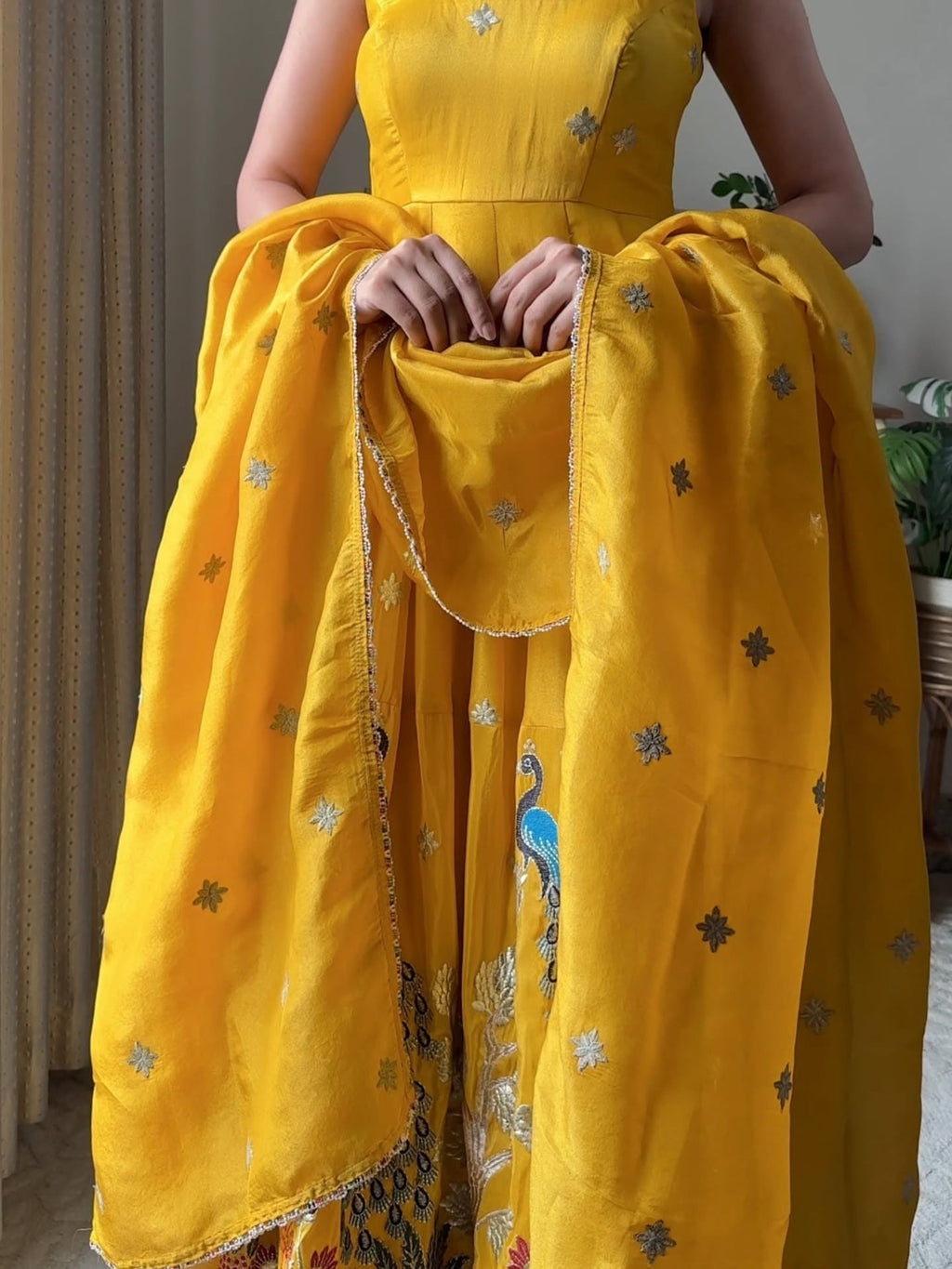 Sunheri Peacock Embroidered Anarkali Set with Dupatta – Mustard Yellow