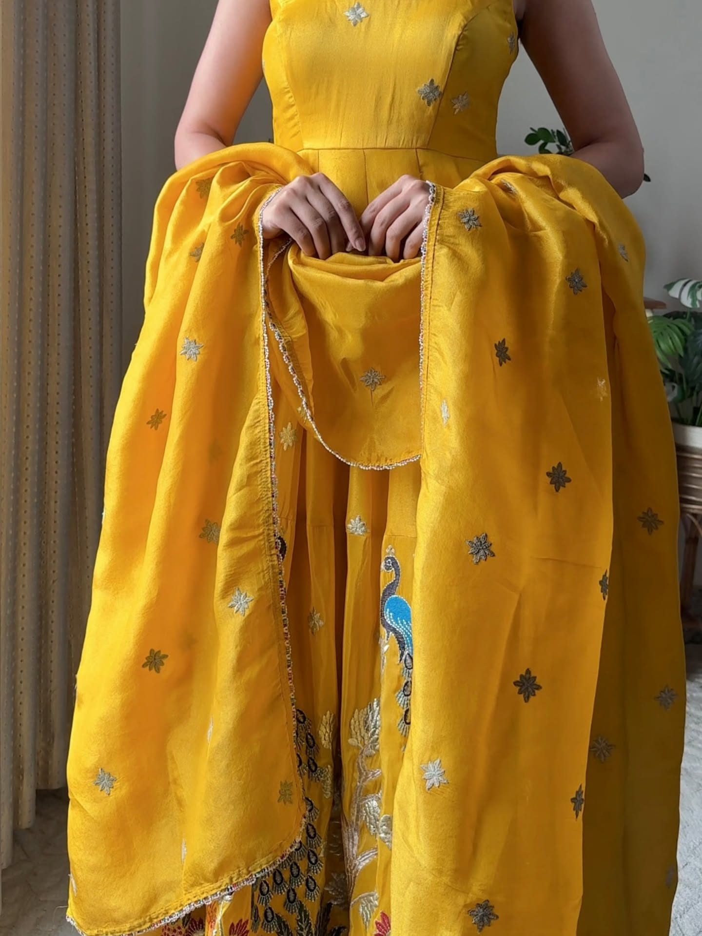 Sunheri Peacock Embroidered Anarkali Set with Dupatta – Mustard Yellow