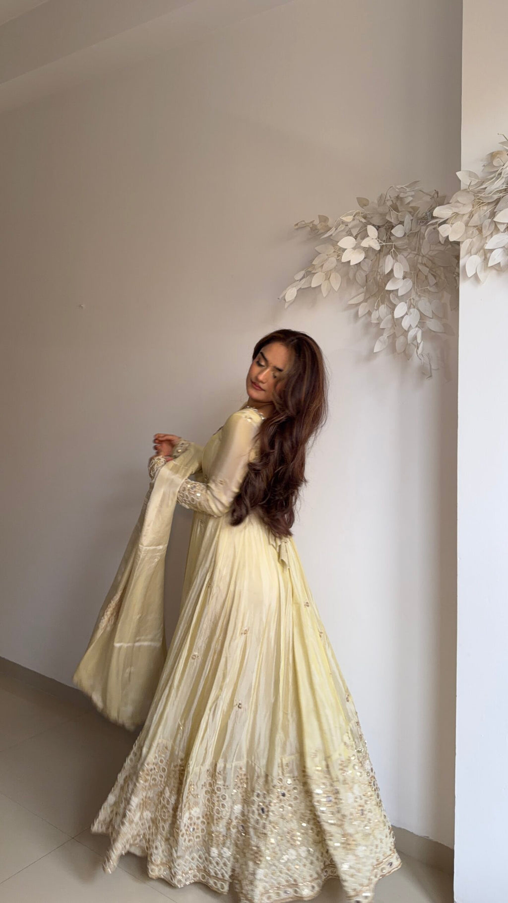 Beautiful Cream Anarkali Suit Set With Sequence Work
