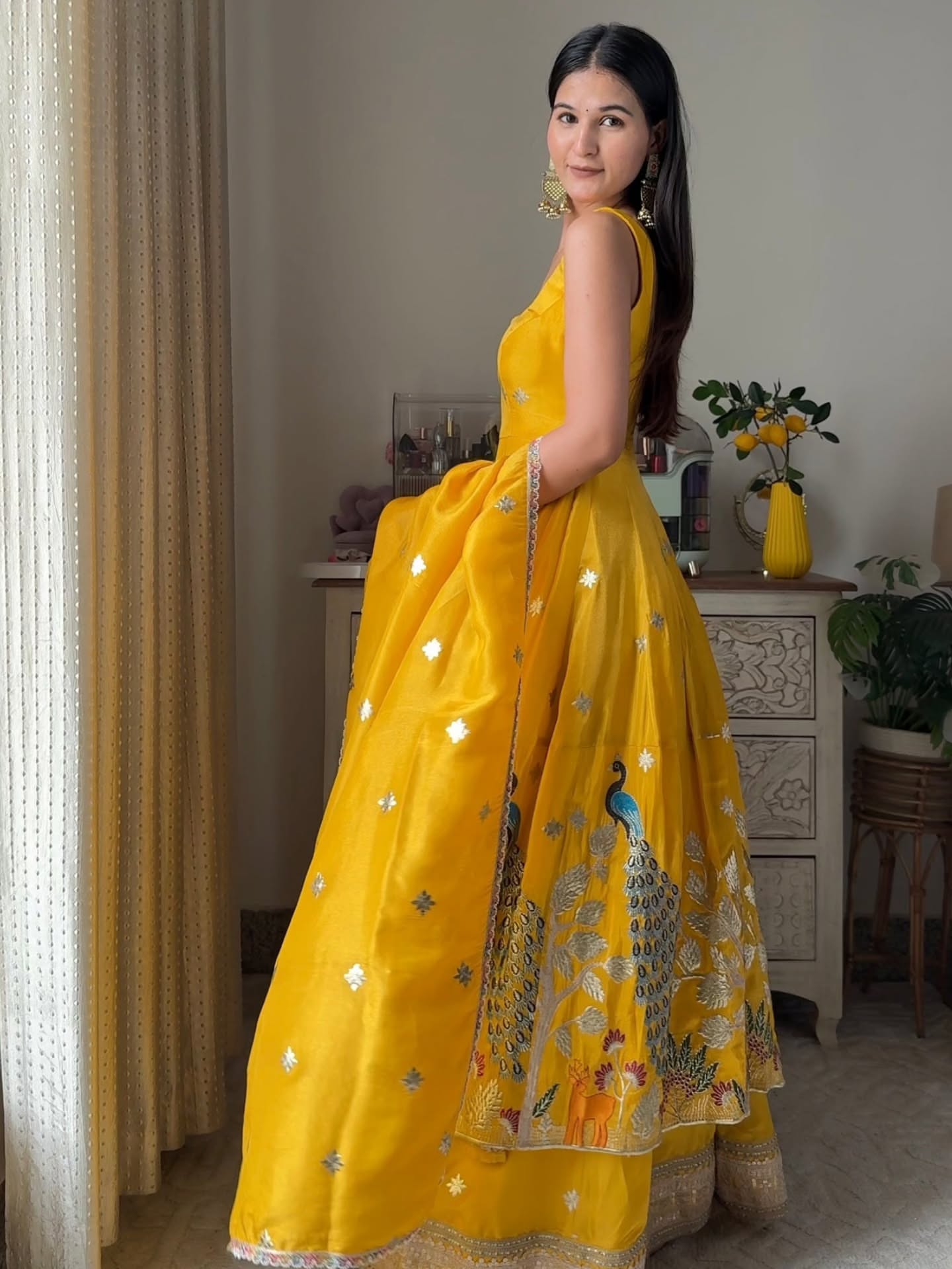 Sunheri Peacock Embroidered Anarkali Set with Dupatta – Mustard Yellow