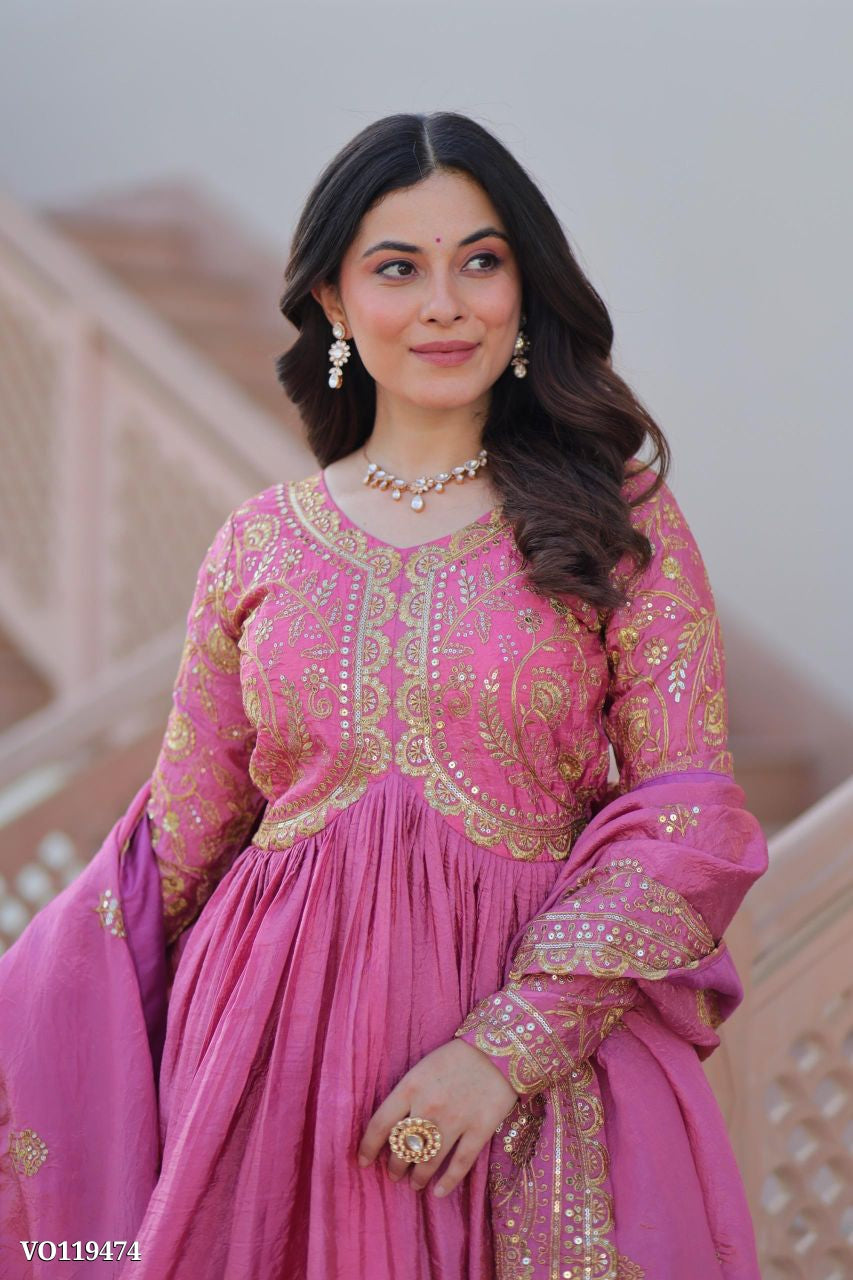 Royal Gold Crush Anarkali Set with Sequence Work