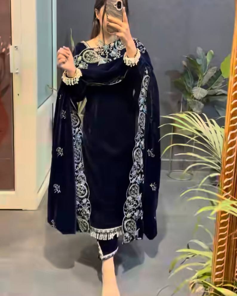 Midnight Blue Velvet Suit Set with Heavy Embroidered Dupatta