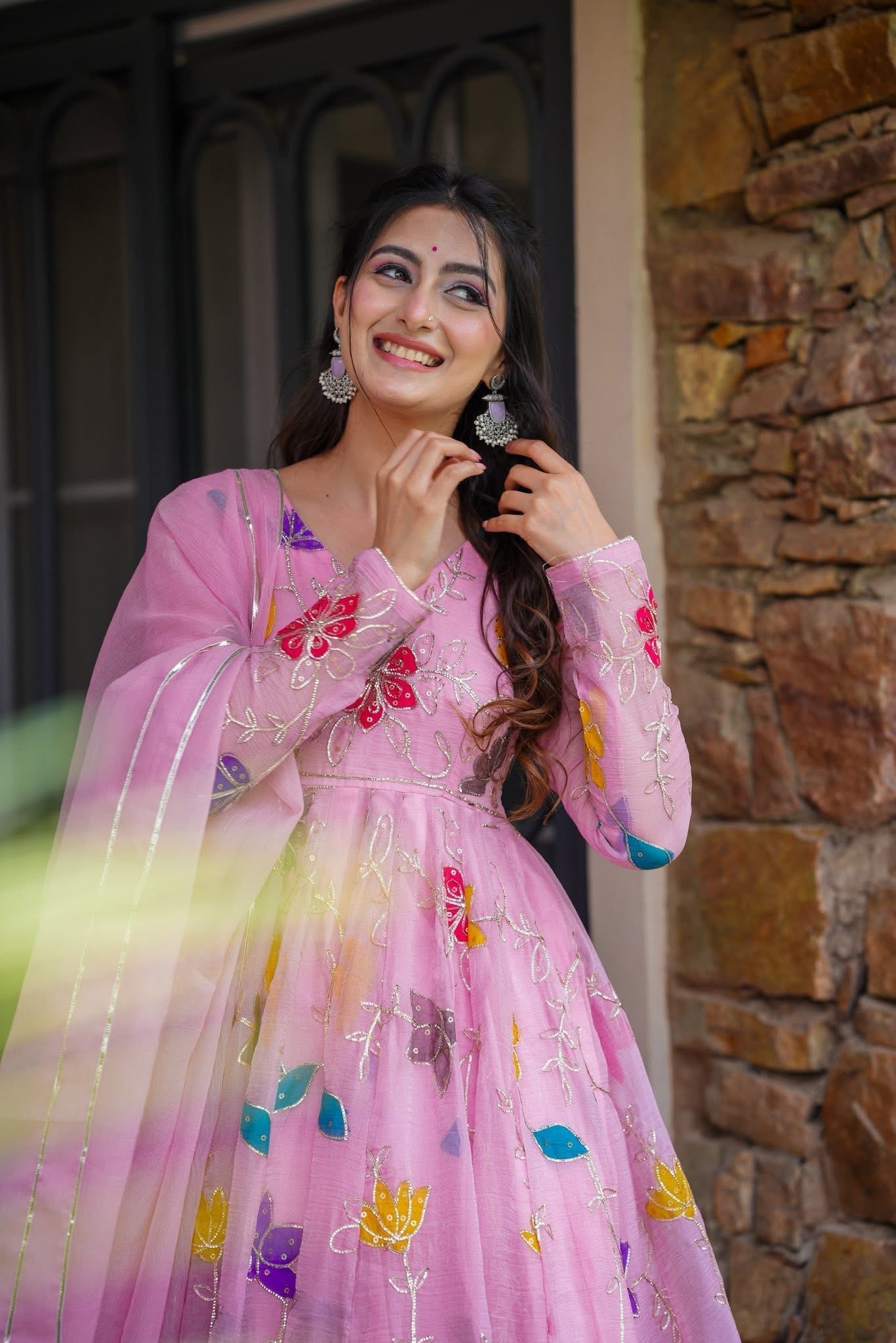 Beautiful Crushed Organza Pink Anarkali Suit Set