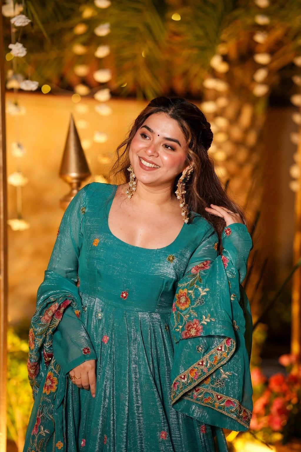 Beautiful Floral Embroidered Teal Green Anarkali Sharara Set
