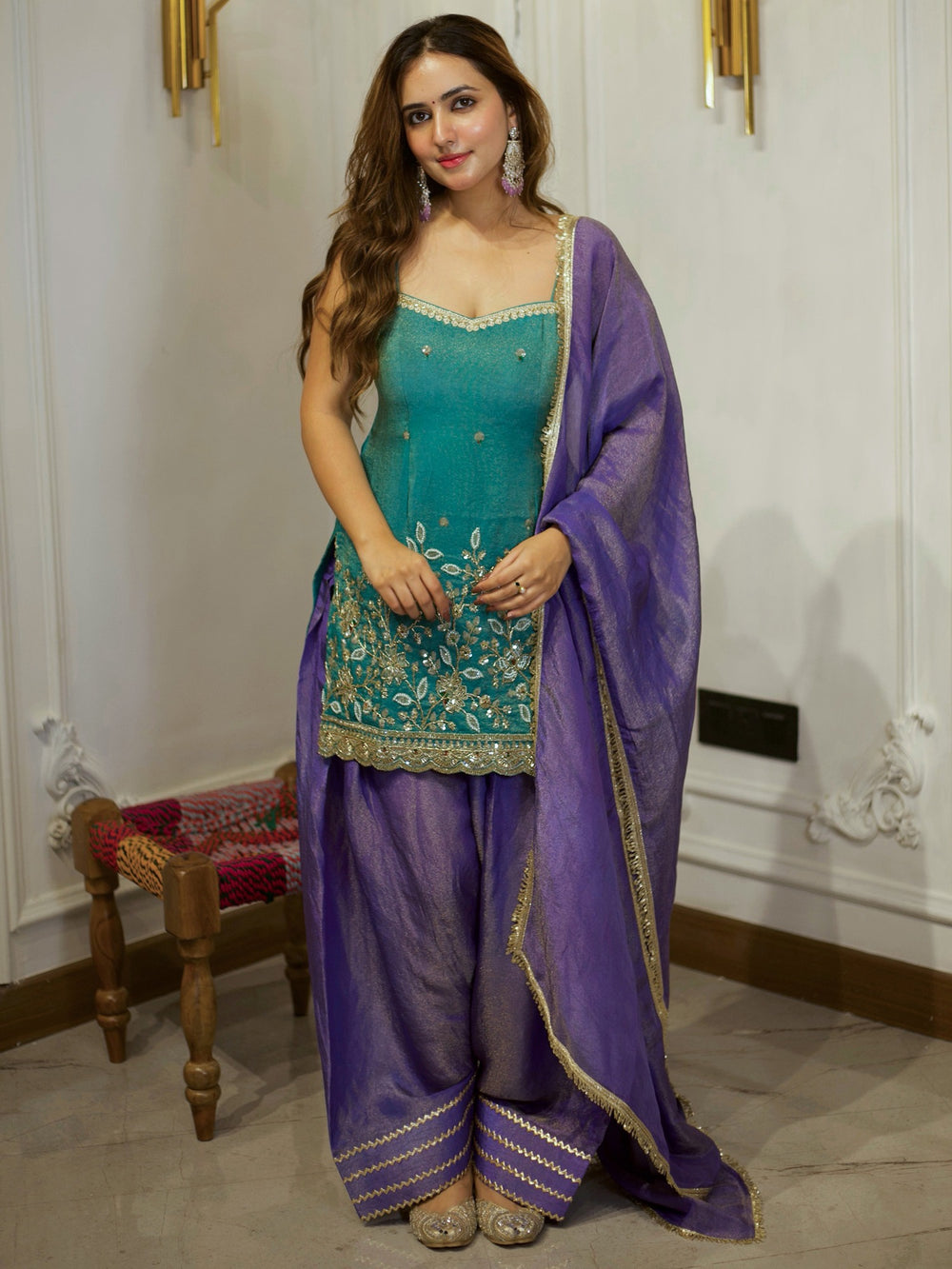 Beautiful Teal Green & Purple Embroidered patiyala suit