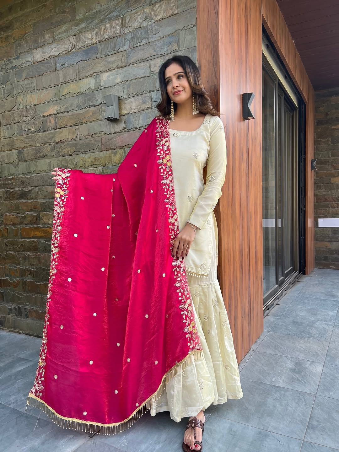 Ivory Sharara Set with Pink Dupatta