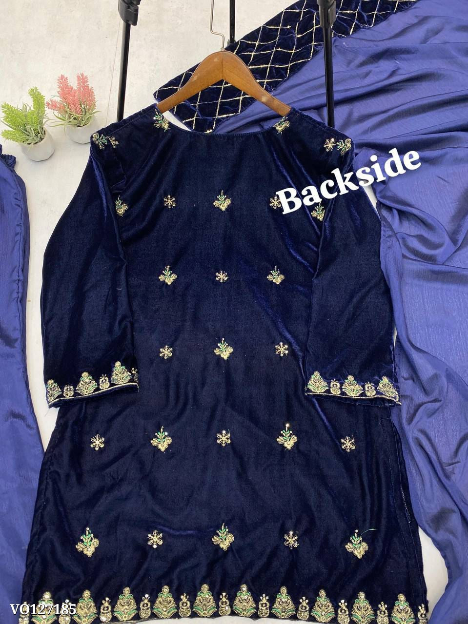 Surmai Velvet  Embroidered Sequence Kurta Sharara Set