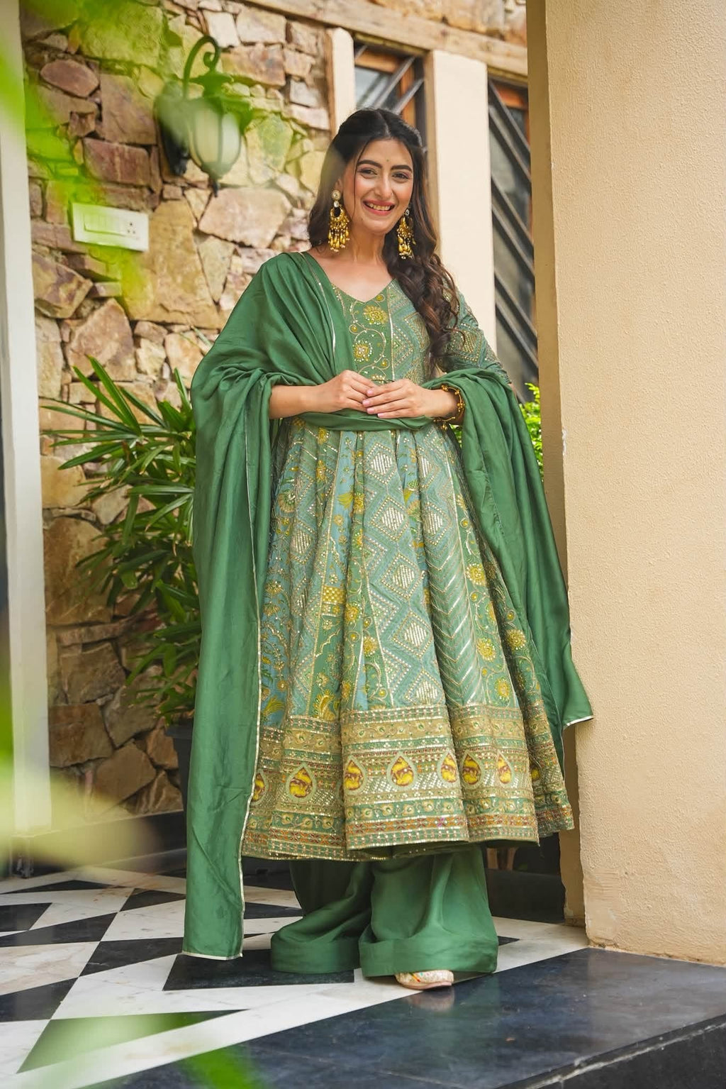 Green Heavy Embroidered Anarkali Suit Set
