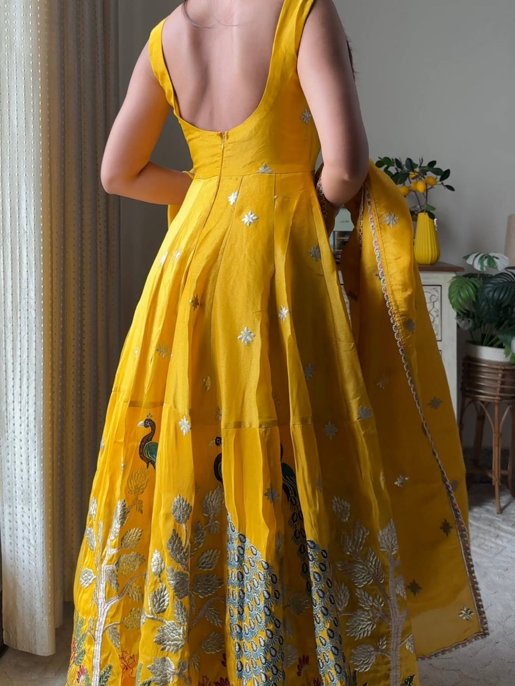 Sunheri Peacock Embroidered Anarkali Set with Dupatta – Mustard Yellow