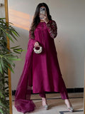 Wine Embroidered A-Line Pakistani Suit Set