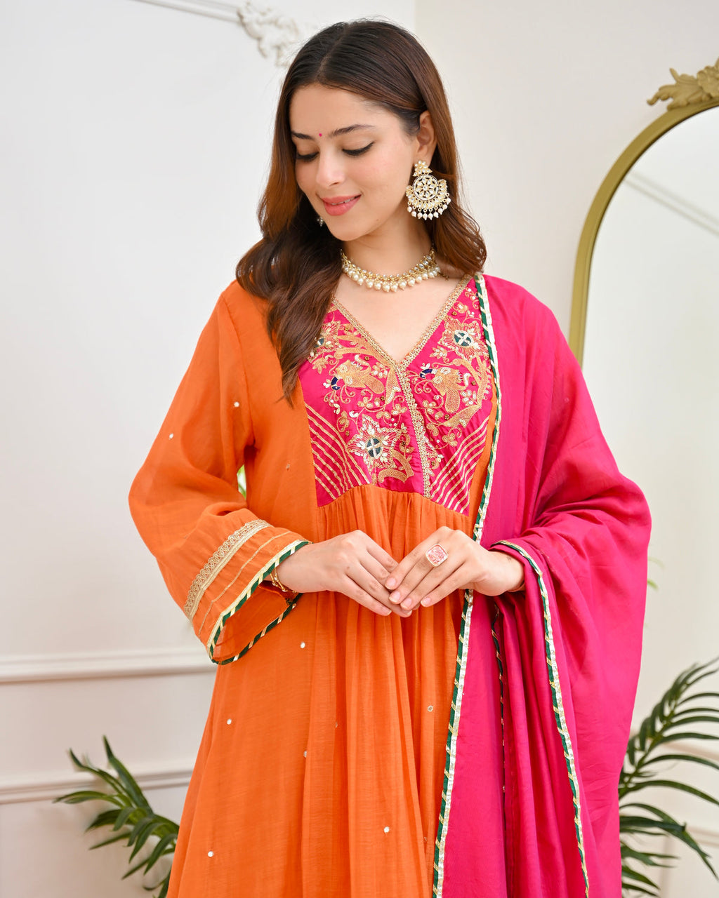 Kesariya A Line Mul Chanderi Handwork Suit