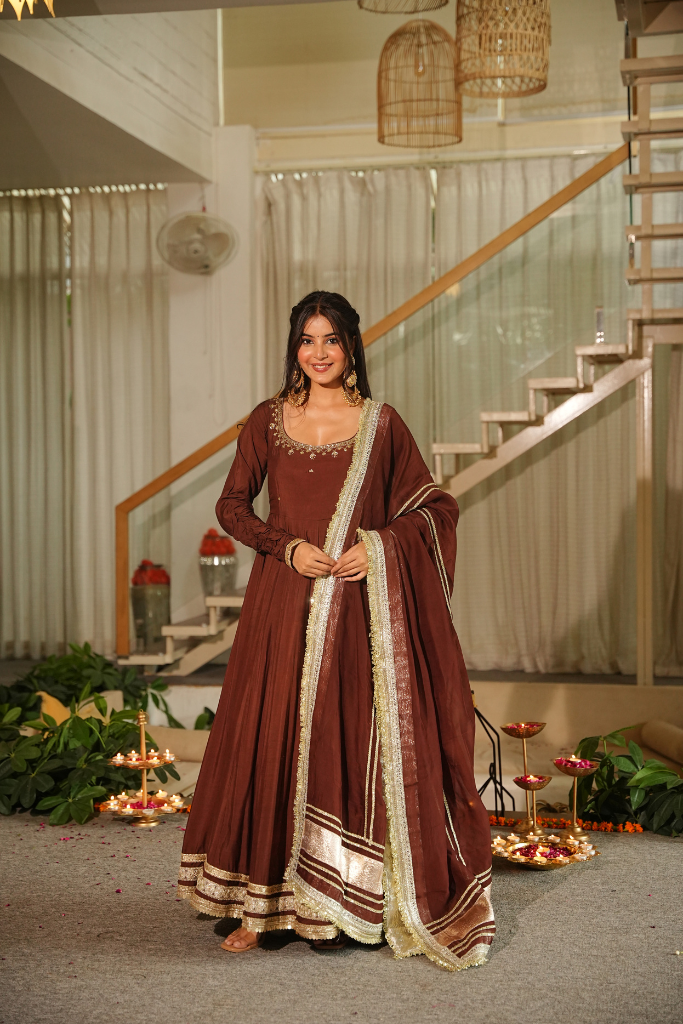 Beautiful Brown Lace Work Anarkali Suit Set