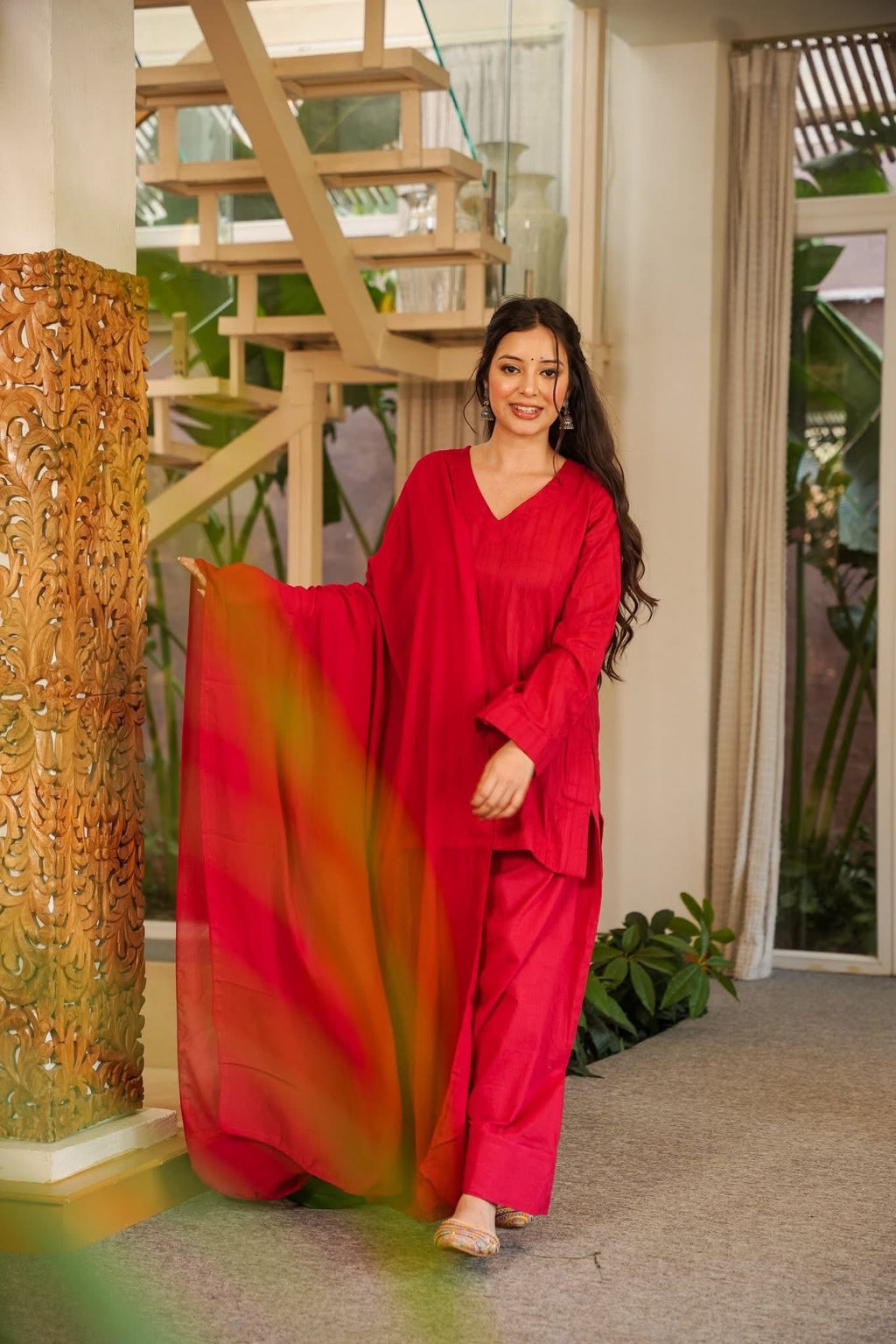 Red Cotton Farshi Salwar Suit