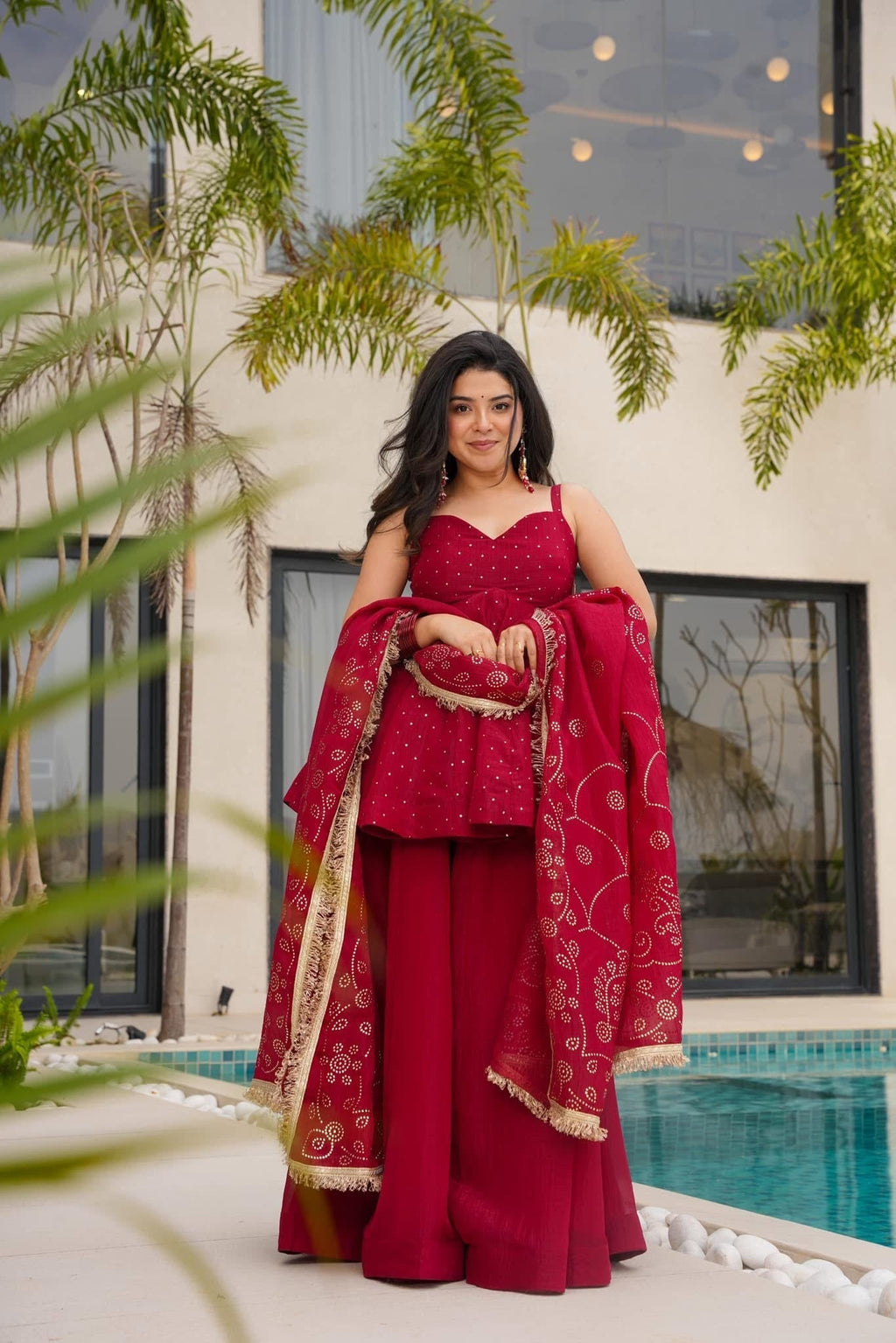 Cherry Red Top-Sharara Set