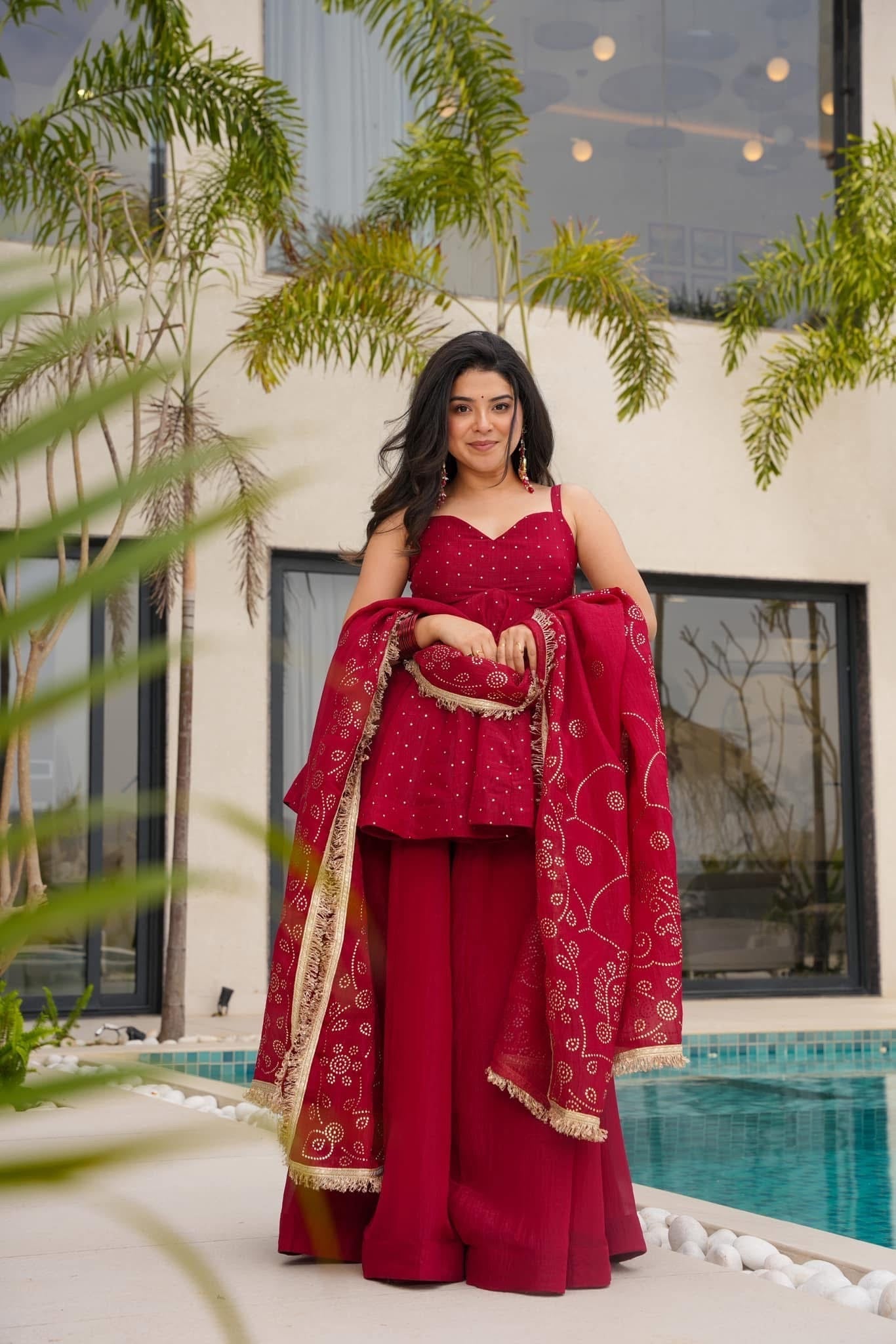 Cherry Red Top-Sharara Set