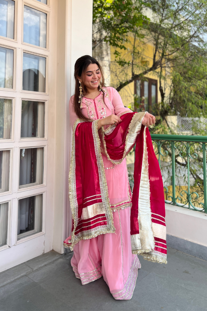Beautiful Pink Mirror Work Sharara Suit Set