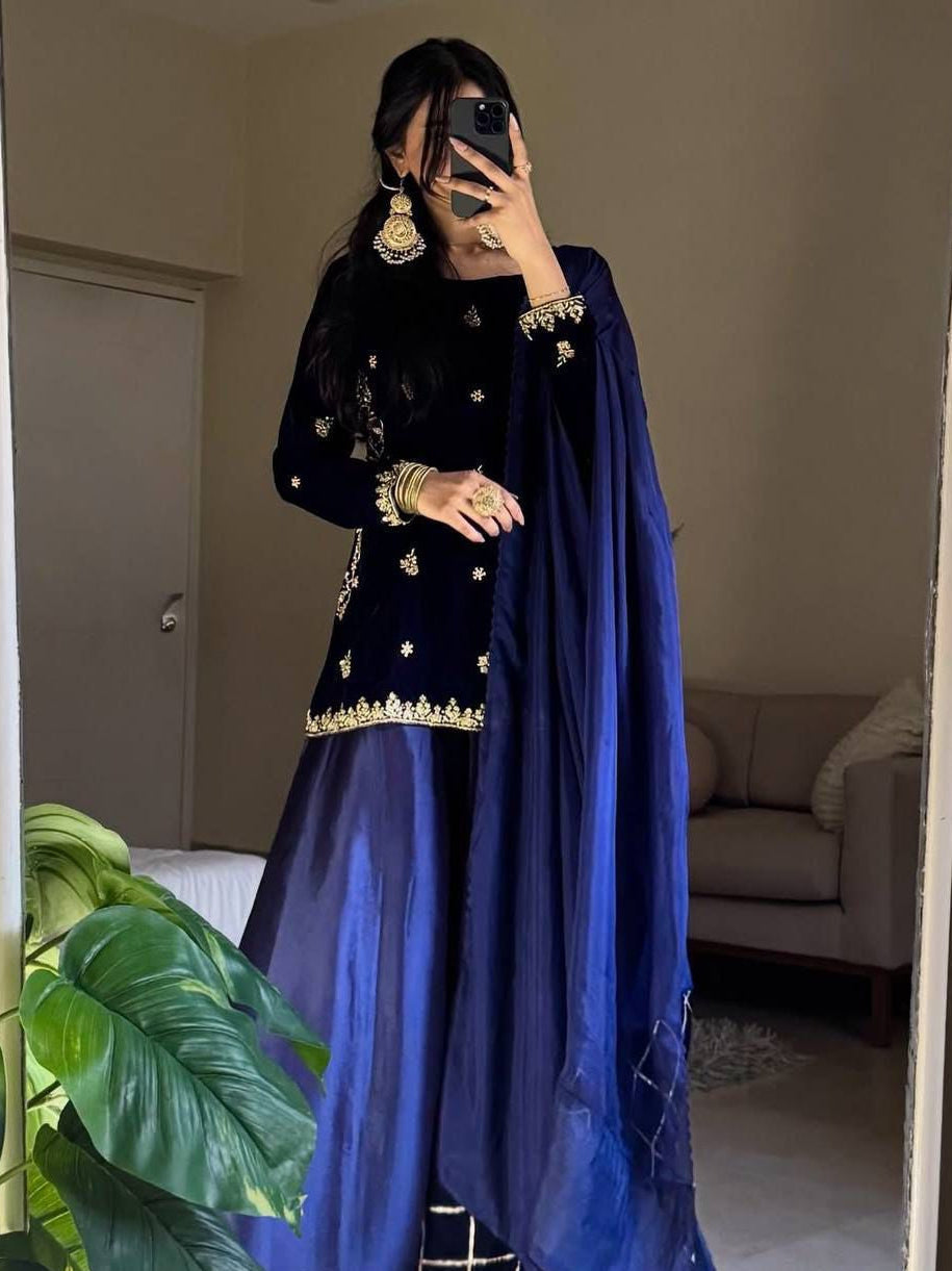 Surmai Velvet  Embroidered Sequence Kurta Sharara Set