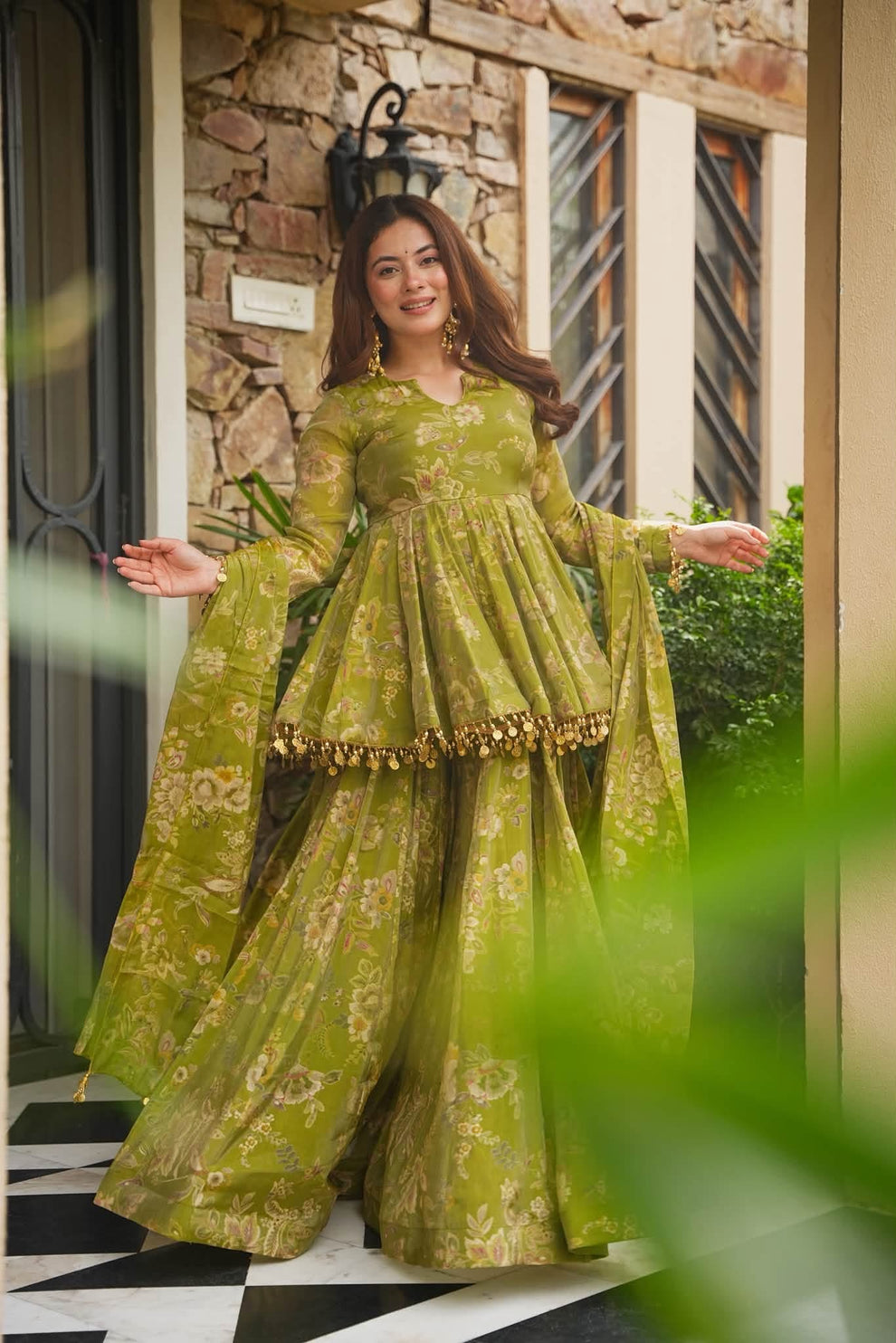 Floral Cosmos Organza Top Sharara Set