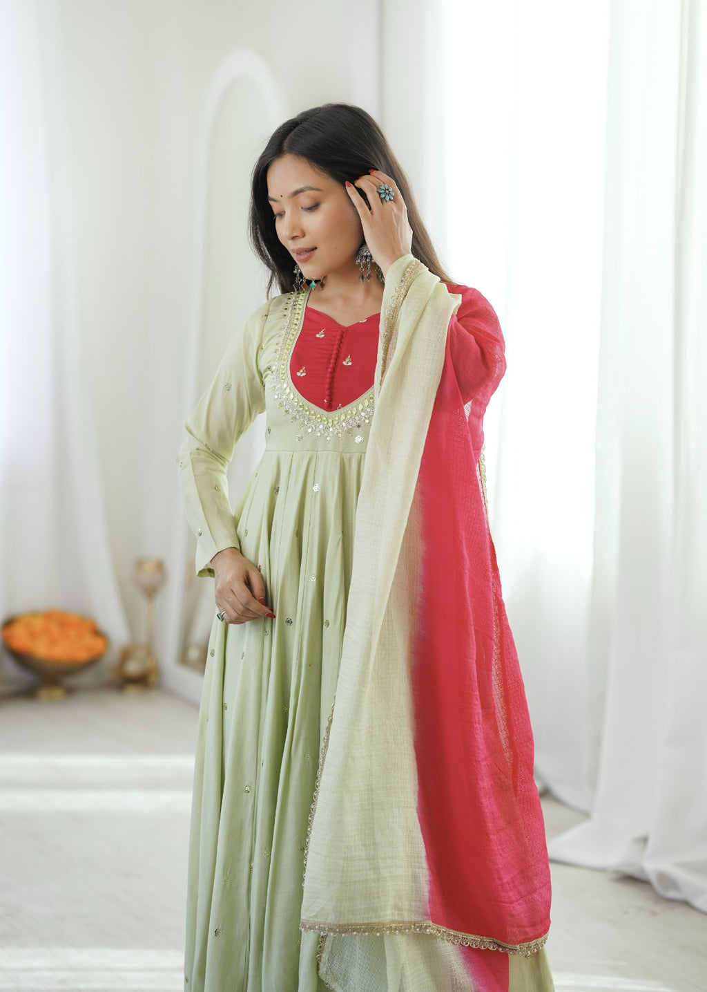 Beautiful Roman Silk Anarkali Suit Set