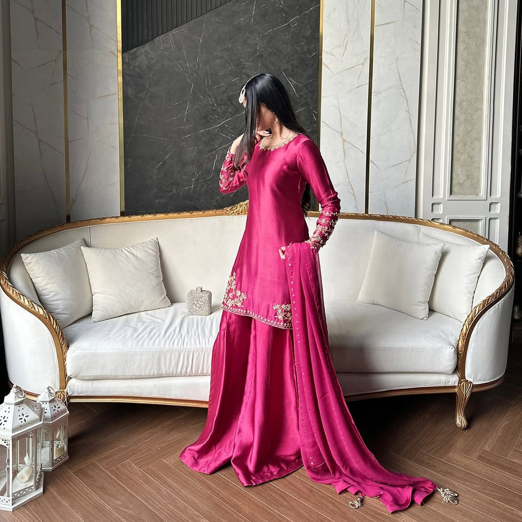 Fuchsia Embroidered Pakistani Suit Palazzo Set