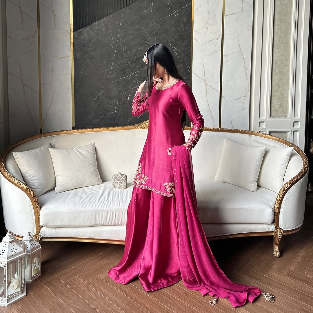 Fuchsia Embroidered Pakistani Suit Palazzo Set