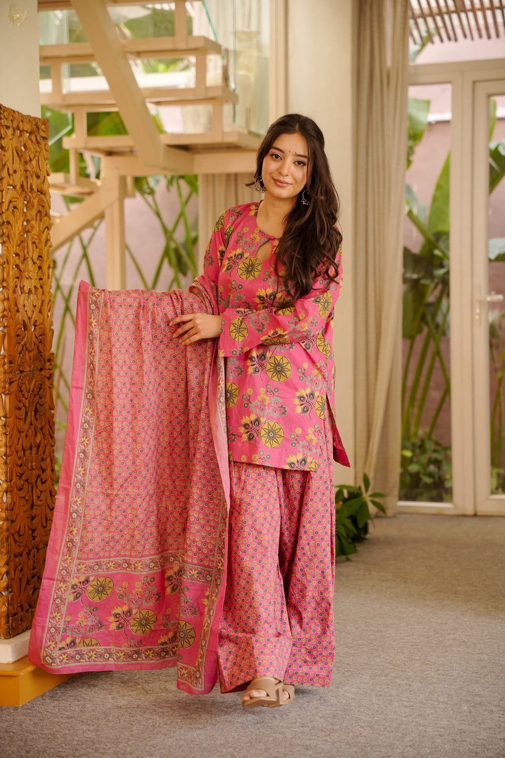 Printed Pink Cotton Farshi Salwar Suit Set