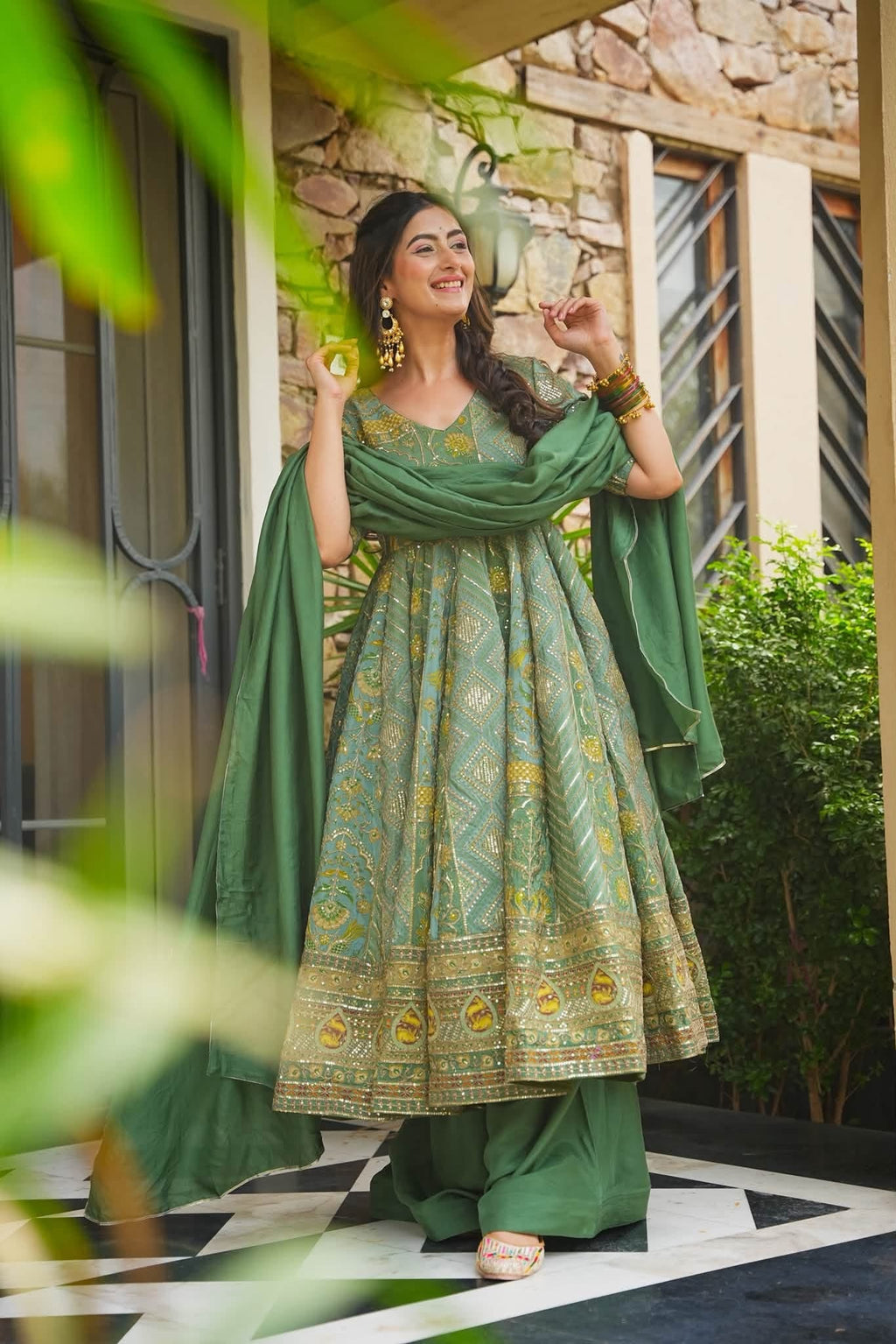 Green Heavy Embroidered Anarkali Suit Set