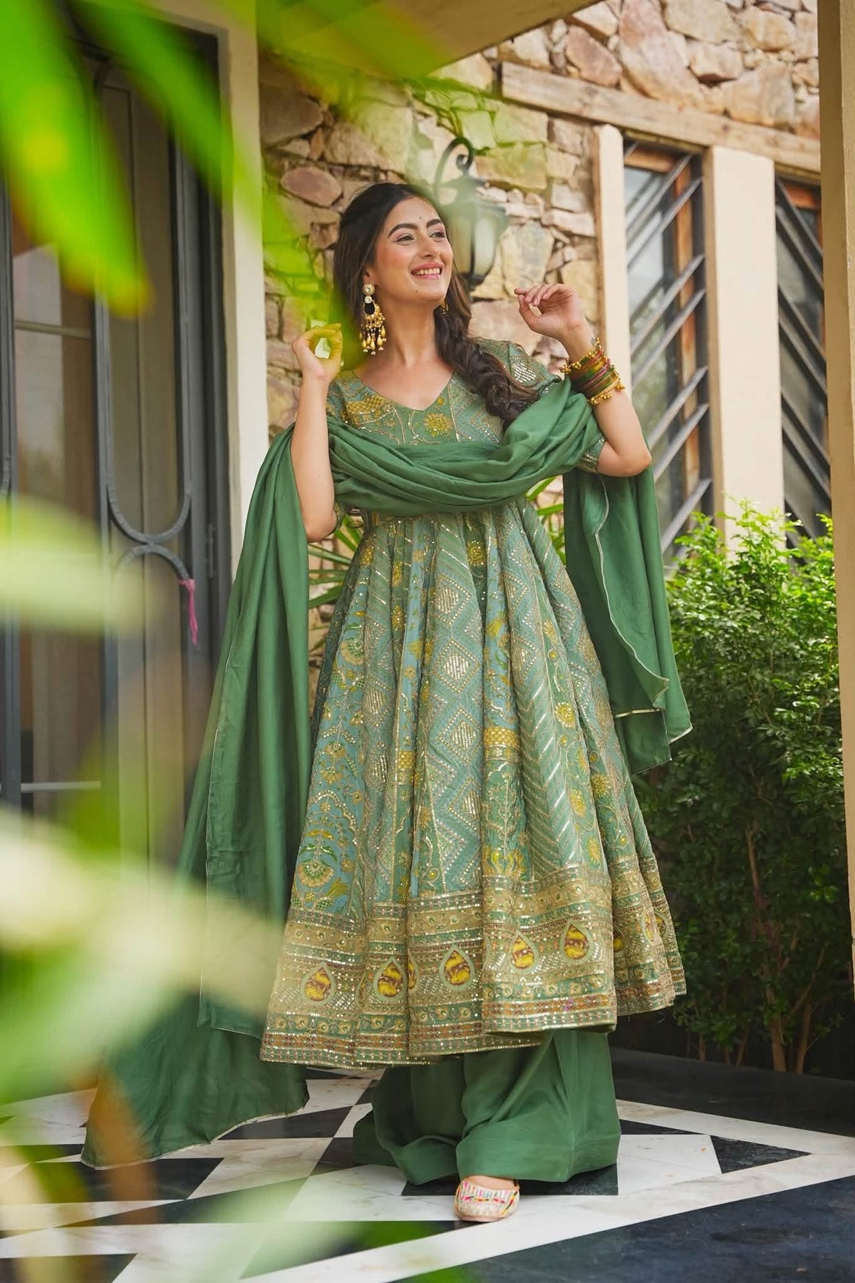 Green Heavy Embroidered Anarkali Suit Set