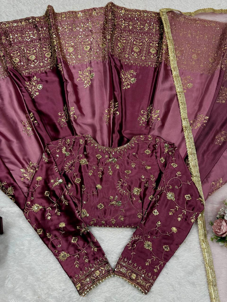 Onion Pink Japan Satin Anarkali with Sequins Work & Butterfly Net Dupatta