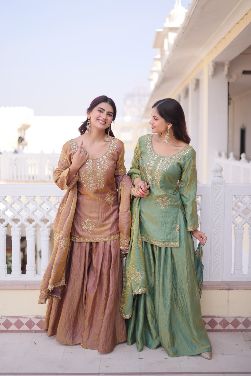 Beautiful Crushed Tissue Silk Sharara Set