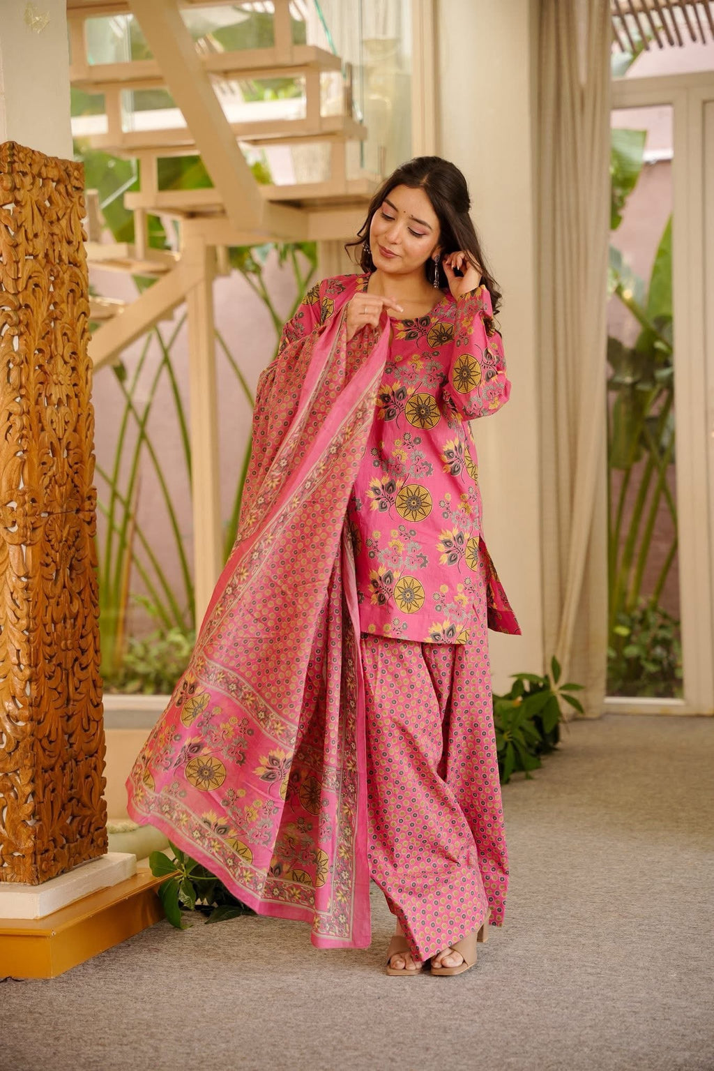 Printed Pink Cotton Farshi Salwar Suit Set