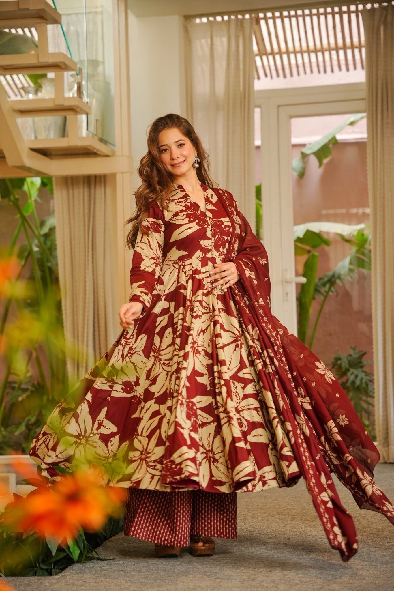 Maroon Cotton Anarkali Suit Set