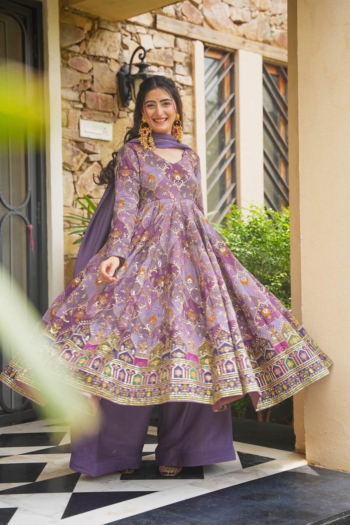 Purple Heavy Embroidered Anarkali Suit Set