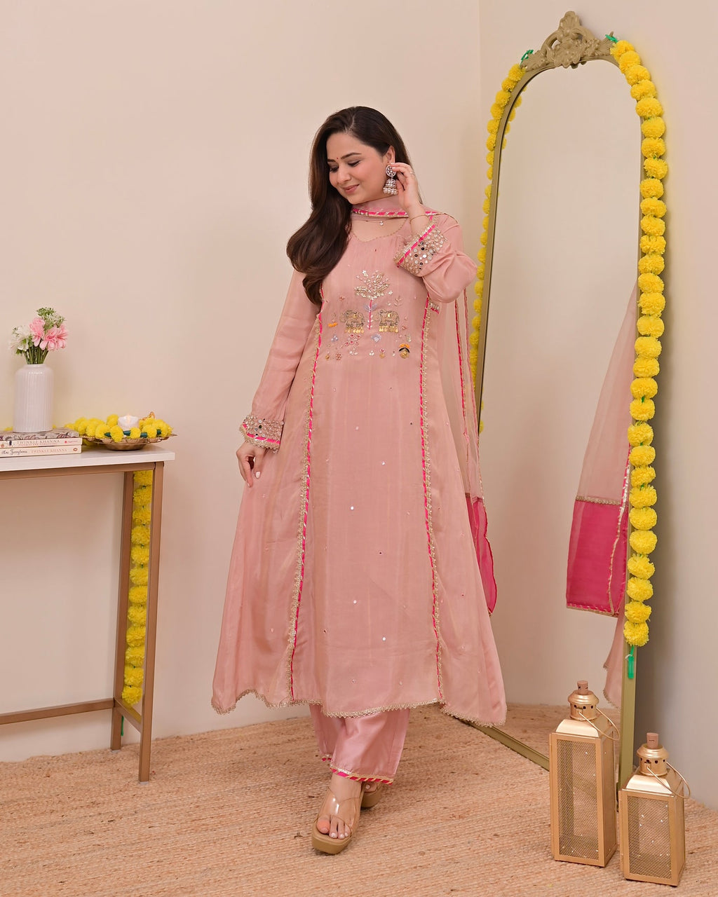 Gulabi Mul Chanderi Handwork A Line Suit