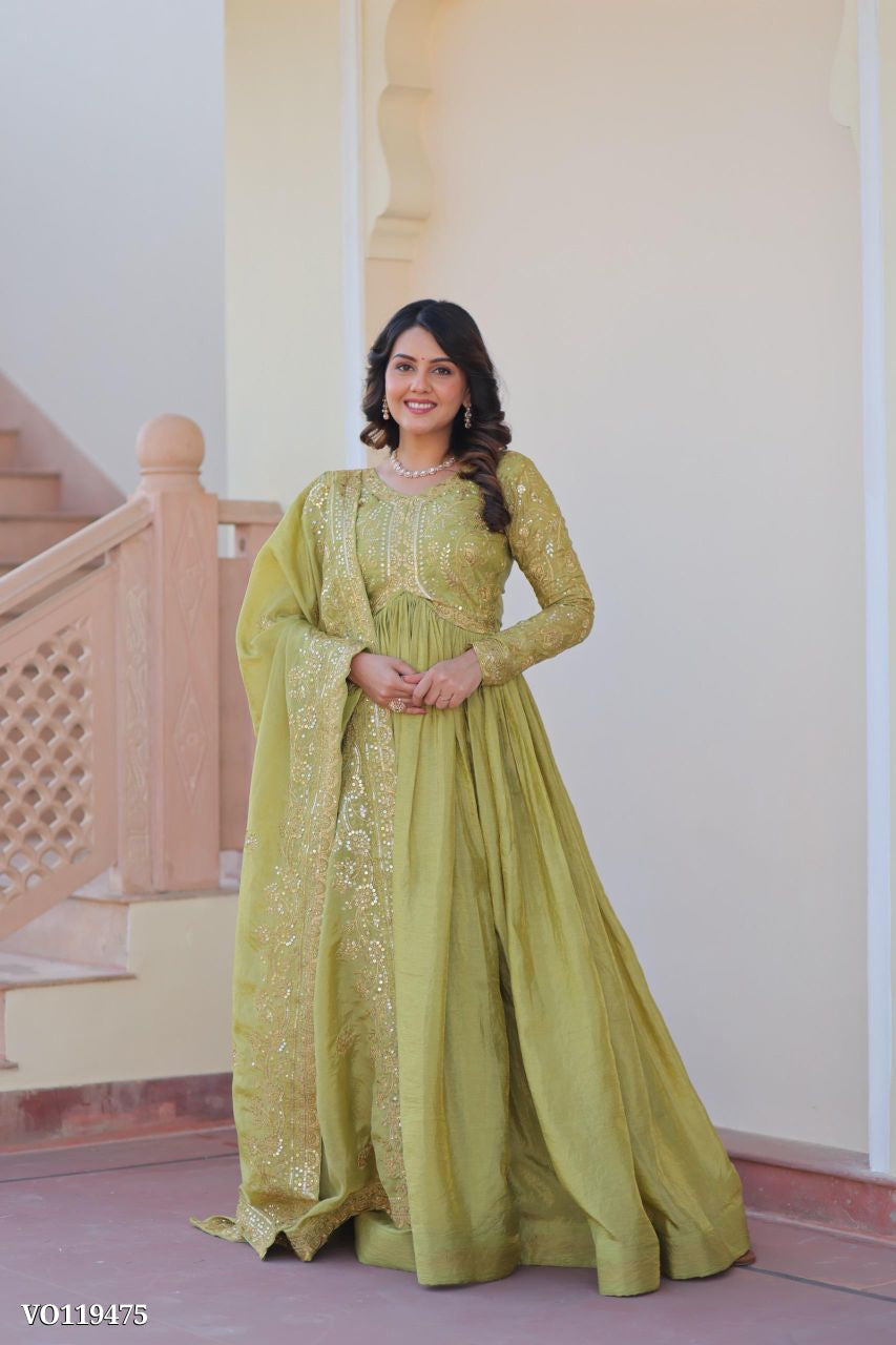 Royal Gold Crush Anarkali Set with Sequence Work