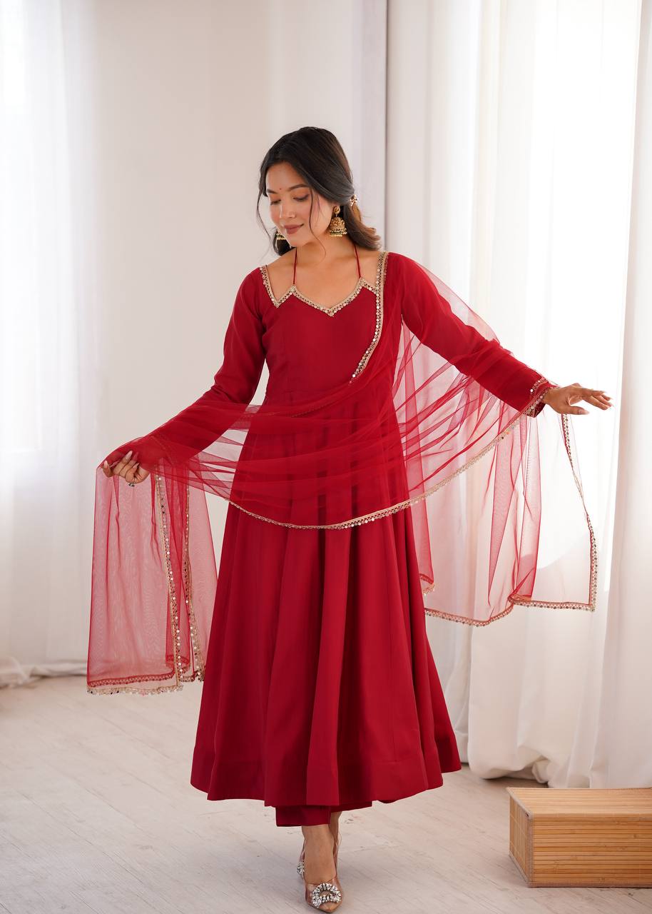 Pure Roman silk Chanderi Anarkali Suit Set