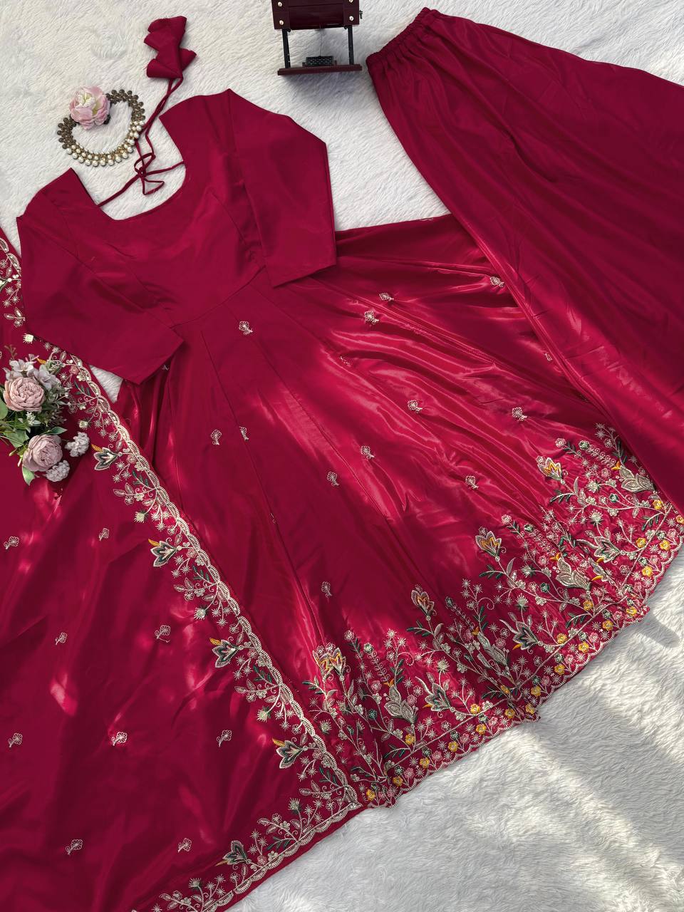 Traditional Chanderi Silk Embroidered Anarkali Suit Set