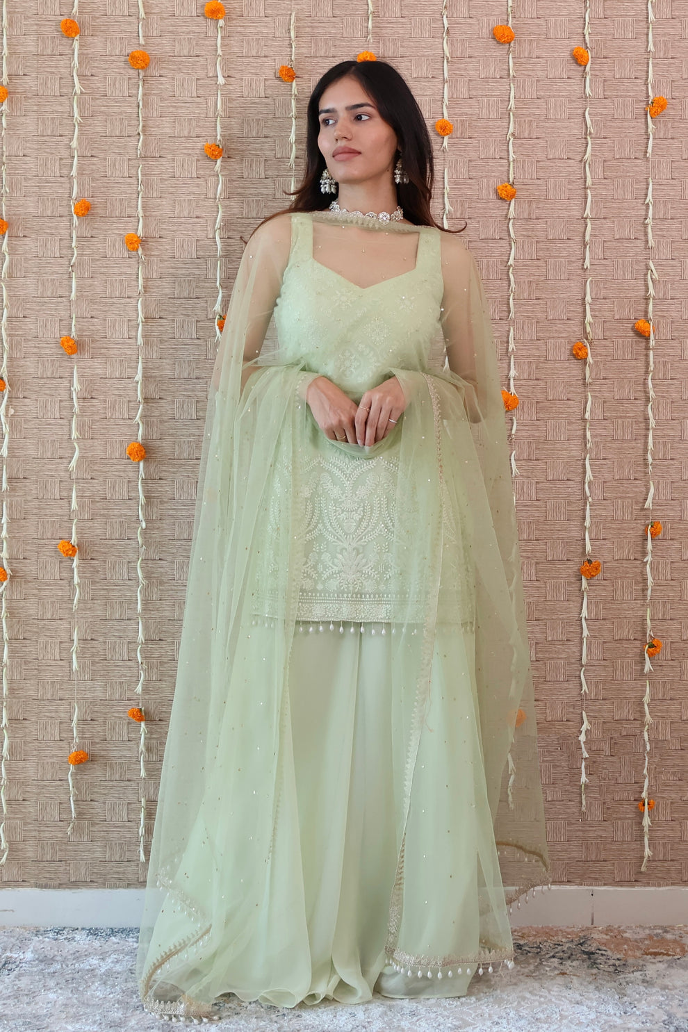 Pink Embroidered Georgette Kurta and Sharara Set