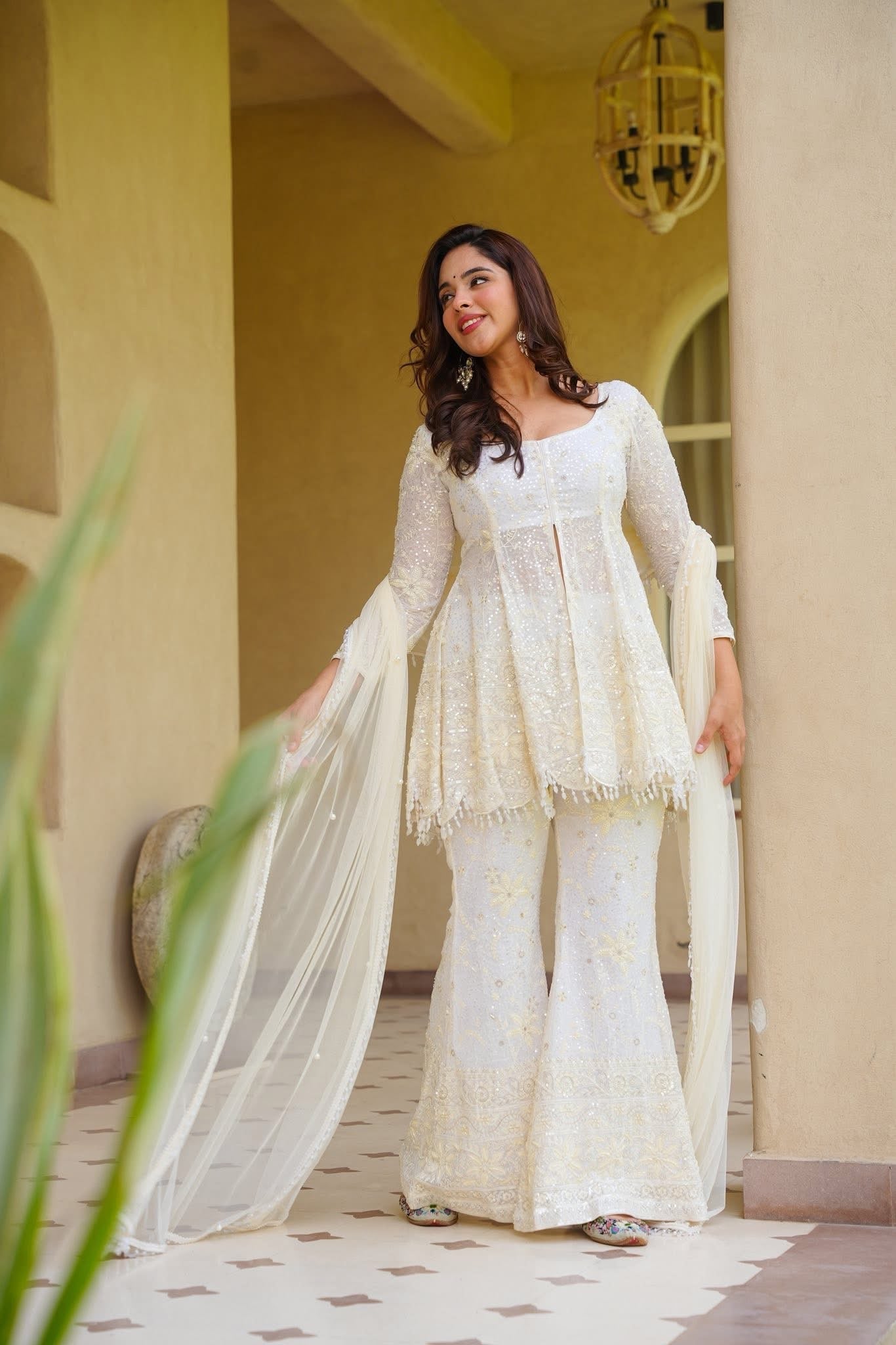 White Heavy Embroidered Sharara Set
