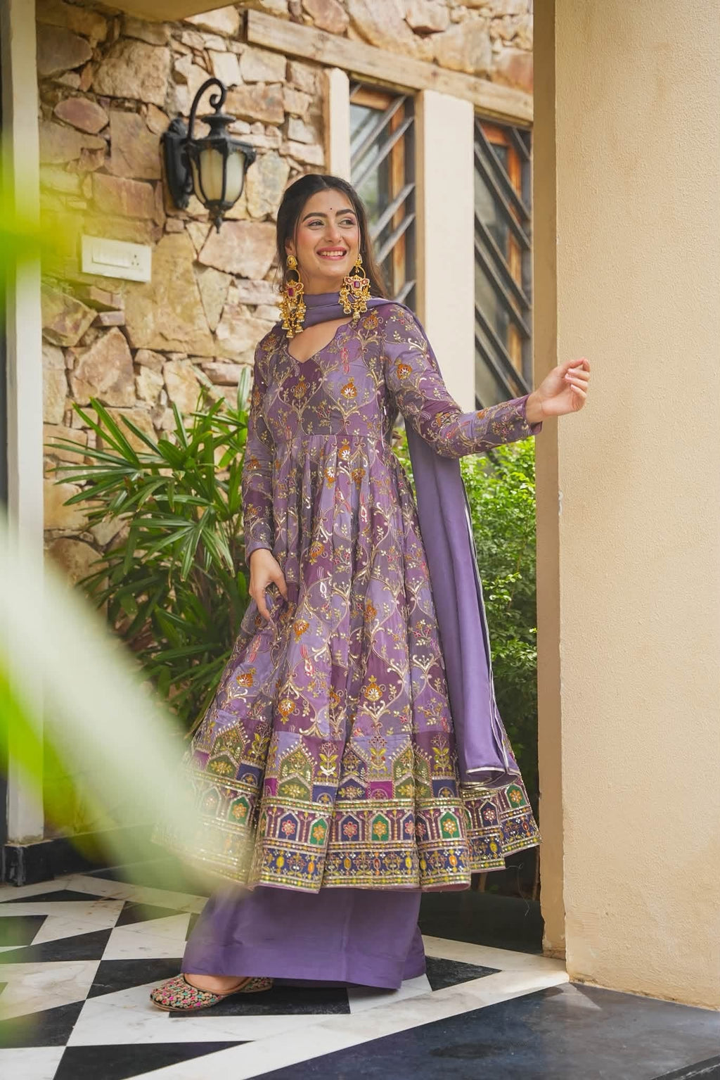 Purple Heavy Embroidered Anarkali Suit Set